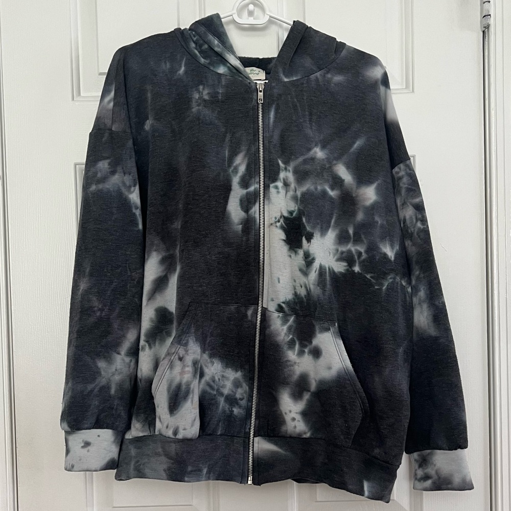 Blue Buttercup Black and White Tie Dye Zip Up Hoodie Sweatshirt